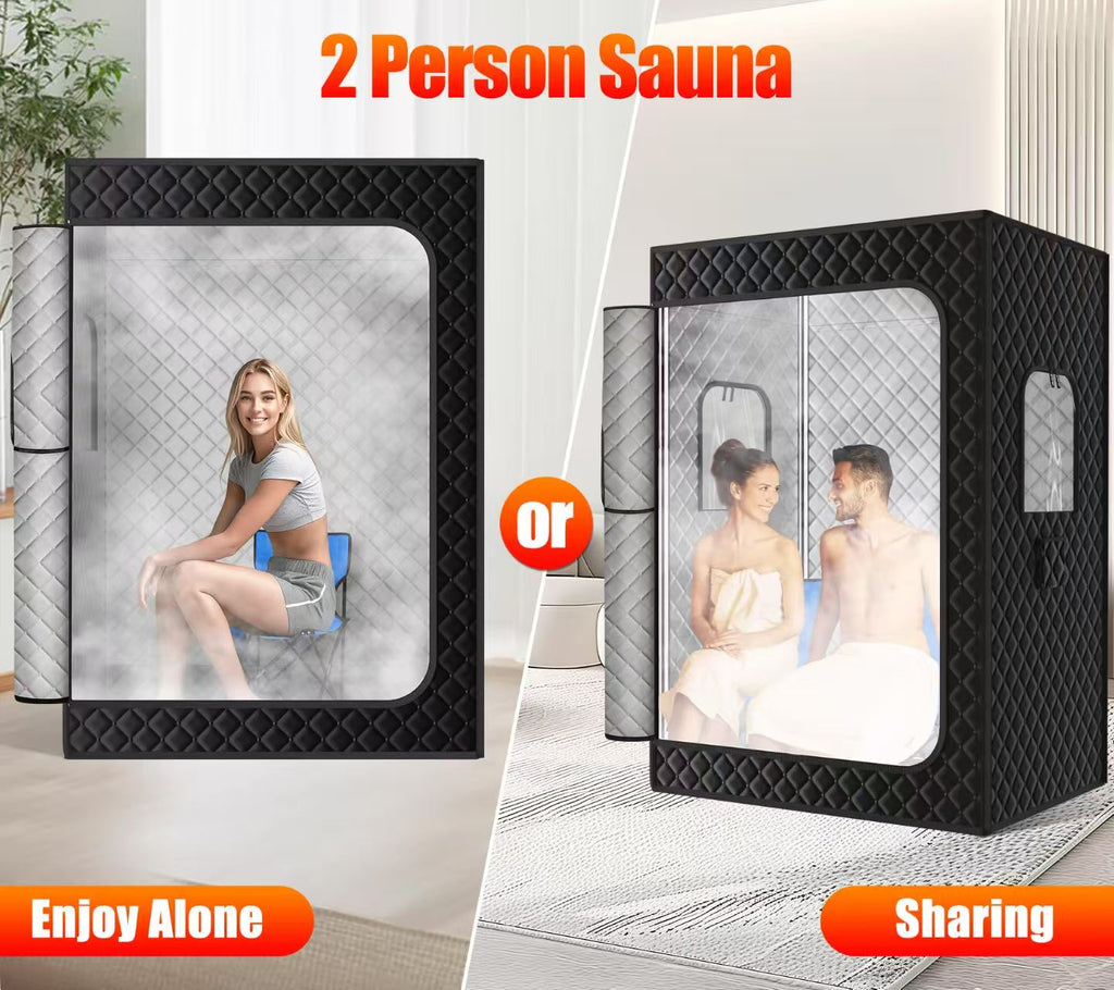 X-Vcak 2 Person Sauna, Extra Large Sauna, Portable Steam Sauna Tent with 2 Steamers, 2 Folding Chair, 71”x 49”x 36”, Black